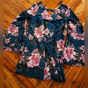 ** 2/$15 ** Loveriche Floral Bell-Sleeve Flare Mini Dress